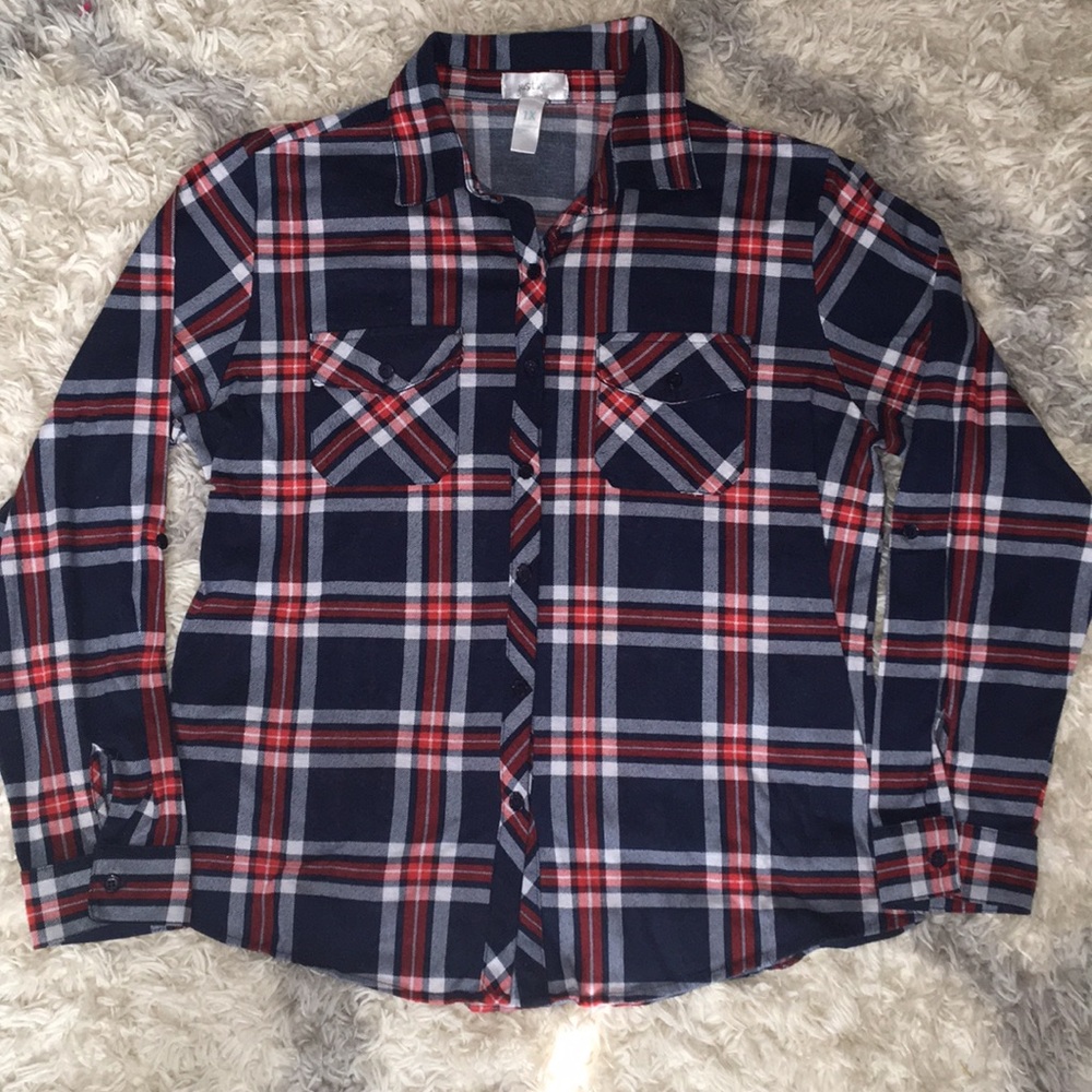 Navy blue & red plaid flannel button down shirt